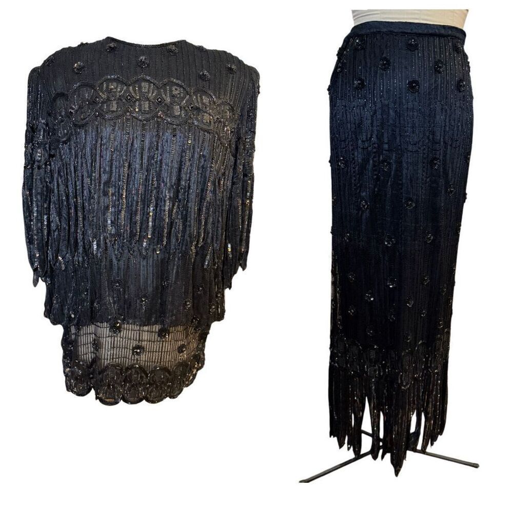 Judith Ann Plus Beaded Black Lace 1980/1980 Vtg 2 Pc Sz. 2X Art Deco Formal